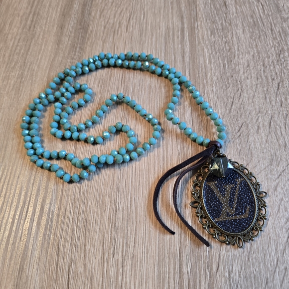 Upcycled Long Turquoise Beaded Necklace W Bronze LV Pendant 36inches - Picture 9 of 10